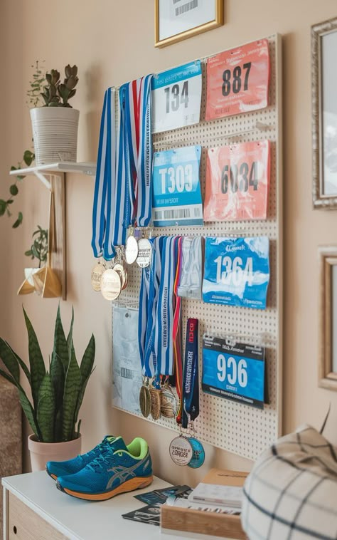 A neatly organized display board featuring a collection of race bibs and medals. Running Display Ideas, Race Bib Wall, Race Medal And Bib Display Ideas, Runner Bib Display, Running Room Ideas, Display Running Bibs And Medals, Running Bib Display Ideas, Medal Shadow Box Ideas, How To Hang Medals Display Ideas