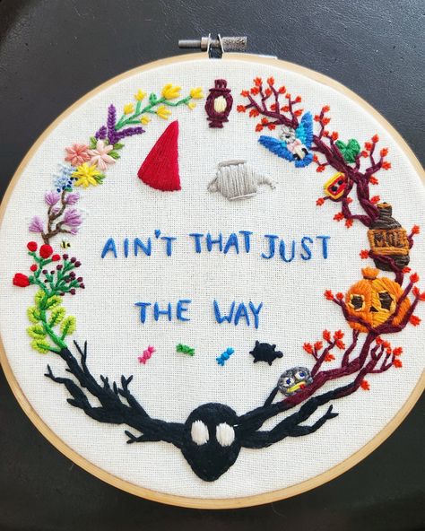 "This embroidery is an original design and entirely hand-made. This piece is based off of the Cartoon Network miniseries, \"Over the Garden Wall\" and features numerous motifs and symbols from the show, as well as the iconic,\" Ain't that Just the Way\" in the center. This embroidery took hundreds of hours to design and complete and is one of the most detailed embroideries I have made. This is perfect for living spaces with kids or anyone who loves cartoons, it was a genuine labor of love.   MAD Wall Embroidery, Over The Garden Wall, Embroidery Craft, Needle Art, Embroidery Inspiration, Embroidery Floss, Just The Way, Embroidery Projects, Garden Wall