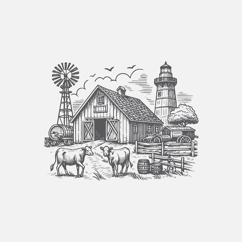 Hand Drawn Farm Illustration Vintage Farm Art, Garden Vector Illustration, Farm Drawing Ideas, Farm Drawing Easy, How To Draw A Cow, Farm Doodles, Farmhouse Illustration, Farm Sketch, Barn Illustration