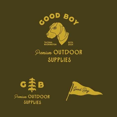 I designed the brand identity for Good Boy. The logo, featuring a playful yet rugged illustration of their dog, is complemented by earthy tones and typography that evoke the natural beauty of the region. This identity perfectly encapsulates the company's ethos of providing premium outdoor supplies for those who cherish the great outdoors with their "good boy" by their side. Rugged Graphic Design, Outdoors Logo Design, 3d Packaging, Outdoor Logos, Dog Branding, Good Boy, Outdoor Store, Outdoor Dog, Canine Companions