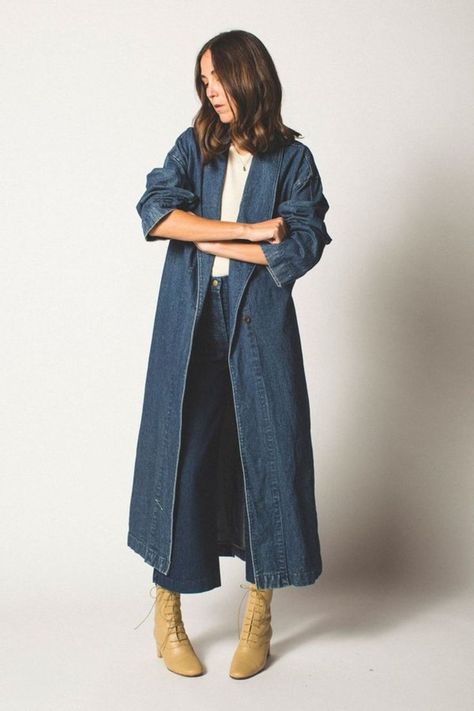 On Our Radar: Fall Wardrobe Staples - The Fold Tailored Denim Jacket, Duster Coat Outfit, Duster Outfit, Denim Duster Coat, Dress Coat Outfit, Long Denim Coat, Denim Duster, Jean Trench Coat, Fall Wardrobe Staples