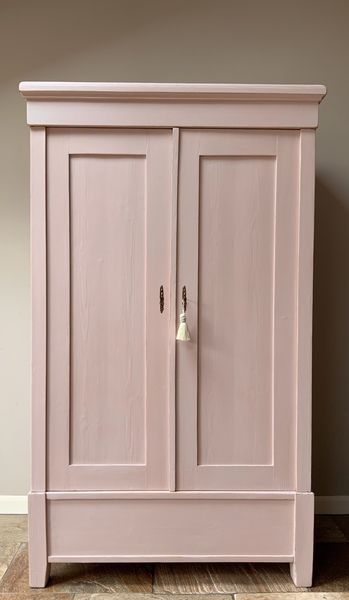 Antique Continental Wardrobe, In Blush Pink Pine Wood, 1900s. Annie Sloan Chalk Paint Antoinette, Cupboard Paint, Pine Wardrobe, Hall Cupboard, Pink Wardrobe, Painted Wardrobe, Larder Cupboard, Antique Wardrobe, Wood Wardrobe