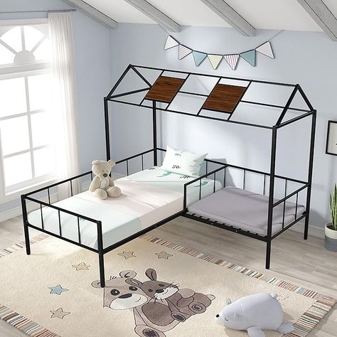 Amazon.com: MERITLINE Twin House Bed for Kids, Wooden Twin Kids Bed Montessori Bed with Roof and Window, Floor Bed for Toddlers, Kids, Girls & Boys (Twin, Antique Grey & Antique White) : Home & Kitchen Modern Kids Beds, Trundle Bed With Storage, Playhouse Bed, Sleep Bed, Steel Bed, Metal House, Bed Storage Drawers, Toddler Beds, Twin Bed Frame