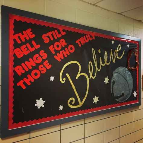 Winter Music Bulletin Board. Favorite quote from the Polar Express The Polar Express Hallway Decorations, Christmas Train Bulletin Board Ideas, Polar Express Board Ideas, Polar Express Bulletin Boards For School, Polar Express Classroom Door Ideas, Polar Express Balloon Arch, Polar Express Christmas Party Decoration, Polar Express Classroom Transformation, Polar Express Bulletin Board Ideas