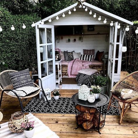 Decor on Instagram: “You don't need a big outdoor space to create a magical little refuge of style. We adore the string lights and throw pillows in this…” Shed Hangout, Backyard Sheds Hangout, Shed Hangout Ideas, Summer House Interiors, Teen Hangout, Backyard Hangout, Hangout Ideas, Hangout Room, Girl Cave