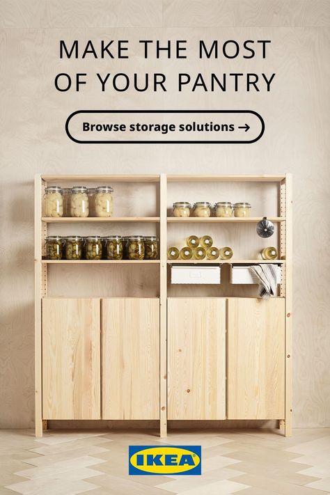 Put your kitchen supplies in instant view with our pantry organization ideas. From pantry shelves to baskets, make the most of your space. Food Storage Cabinet Ideas, Pantry Ideas For No Pantry, Freestanding Kitchen Shelves, Pantry Shelving Ideas Ikea, Boaxel Pantry, No Pantry Kitchen Organization, Movable Pantry, Ikea Pantry Shelves, Kitchen Pantry Ideas Freestanding