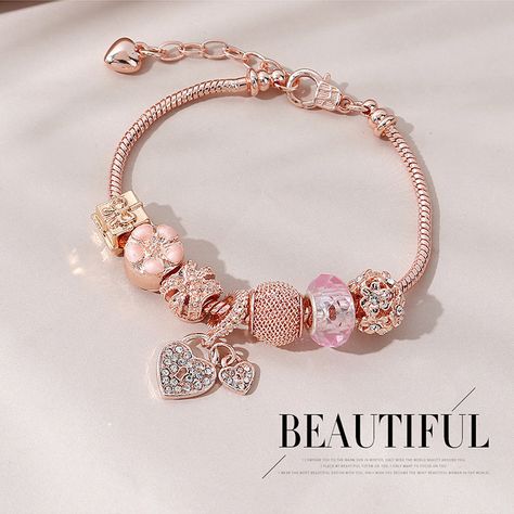 Pandora Rose Gold Bracelet, Charm Bracelet Pink, Pink Charm Bracelet, Jewellery Shoot, Pandora Bracelet Charms Ideas, Charm Bracelets For Girls, Flower Charm Bracelet, Pandora Bracelet Designs, Lehenga Red