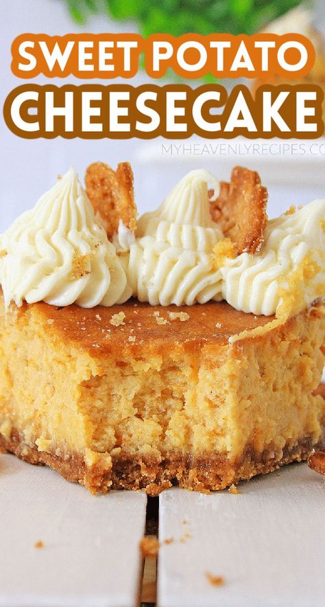 Sweet Potato Cheesecake- delicious thanksgiving dessert! Fall dessert recipe to make for the family. Great for parties. Sweet Potato Casserole Cupcakes, Desserts With Potatoes, Healthy Sweet Potato Dessert Recipes, Sweet Potato Roll Cake, Sweet Potato Sheet Cake, Sweet Potatoes Cheesecake Recipe, Easy Sweet Potato Dessert, Sweet Potato Cream Cheese Pound Cake, Easy Sweet Potato Cheesecake