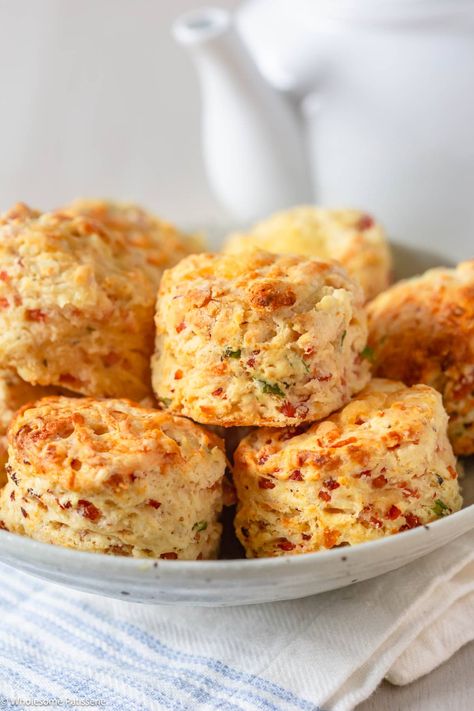 Savory Cheese, Chive and Ham Scones - Wholesome Patisserie Ham And Cheddar Scones, Ham Scones, Ham And Cheese Scones, Cheese And Chive Scones, Savoury Scones, Savory Muffins Recipes, Best Scone Recipe, Breakfast Scones, Mini Scones