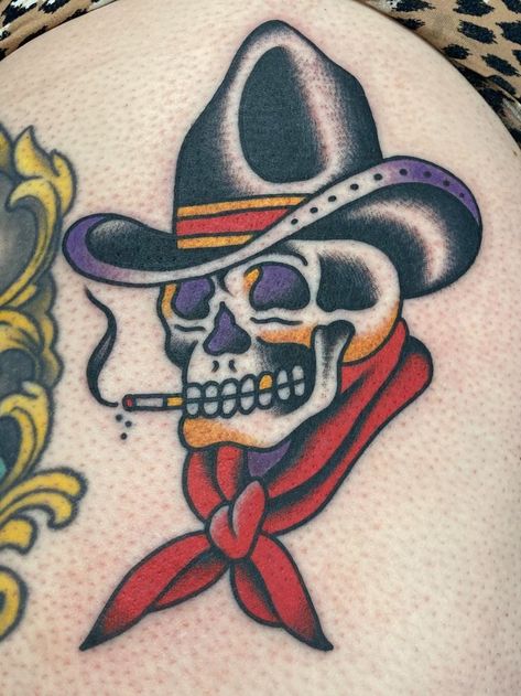 American Traditional Skull Cowboy, American Traditional Tattoos For Son, Cherry Skull Tattoo Traditional, American Trad Forearm Tattoo, Traditional Style Skull Tattoo, Traditional Tattoo Art Skull, American Trad Cowboy Tattoo, American Traditional Bull Skull Tattoo, Old School Tattoo Cowboy