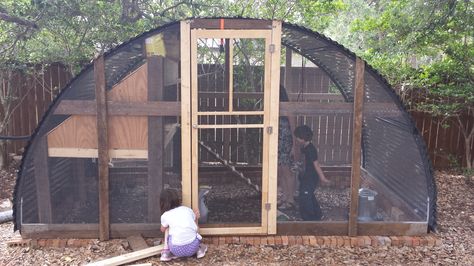 This one is easy!  We had an old trampoline frame in the back yard.  We just reconfigured the... Permaculture, Repurposed Trampoline, Trampoline Backyard, Raising Ducklings, Rabbit Colony, Recycled Trampoline, Outdoor Aviary, Old Trampoline, Chicken Tips