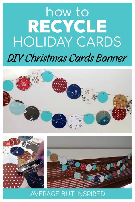 Recycle Christmas Cards Idea: Adorable DIY Decorative Banner Repurpose Christmas Cards, Upcycle Christmas Cards, Recycle Christmas Cards, Diy Holiday Cards, How To Recycle, Christmas Craft Projects, Diy Banner, Christmas Card Crafts, Card Crafts