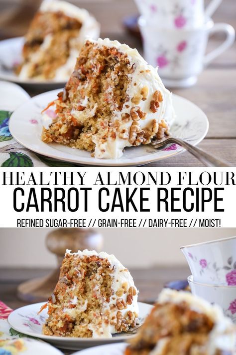 Almond Flour Carrot Cake, Gluten Free Carrot Cake Recipe, Dairy Free Carrot Cake, Almond Flour Desserts, Sugar Free Cake Recipes, Sugar Free Carrot Cake, Refined Sugar Free Desserts, Paleo Carrot Cake, Healthy Carrot Cake