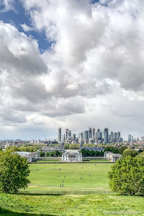 The view from Greenwich Park in London is great. This guide to cheap day trips from London will show you day trips from London by train and car. If you want to take a one day trip from London, this has some of the best places to visit in England. #london #england Best Parks In London, Best Places In London, London Walking Tours, London Neighborhoods, Greenwich London, Rule Britannia, London Itinerary, Greenwich Park, London View