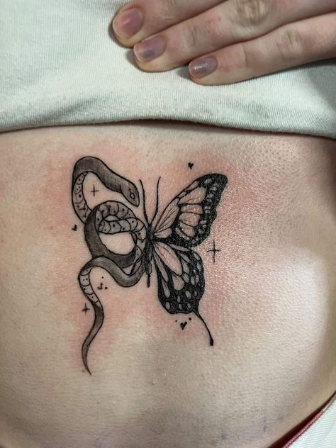 this placement didnt hurt much at all Kupu Kupu Tattoo, Snake And Butterfly Tattoo, Snake Butterfly Tattoo, Through Tattoo, East Tattoo, Traditional Snake Tattoo, Ouroboros Tattoo, Simple Arm Tattoos, Dave East