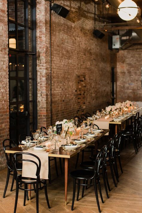 Industrial Wedding Tablescape, Wood Tables, Black Bistro Chairs, and neutral tablescape. Wythe Hotel Black Bistro Chairs, Neutral Tablescape, Wedding Bouquets Ideas, Wythe Hotel Wedding, Cheesecake Wedding Cake, Wedding Cheesecake, Brooklyn Wedding Venues, Wythe Hotel, Classic Wedding Hair