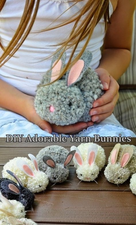 Grab the tutorial for the diy adorable yarn bunnies and make every one for Easter. Sometimes, as parents, it can be difficult to find things for your kids to do around the house. One really fun thing to do is crafting, it can be amazingly fun and educational at the same time. This article was designed to introduce Yarn Bunnies, Yarn Animals, Pom Pom Animals, Yarn Crafts For Kids, Adorable Bunnies, Diy Yarn Crafts, Easter Bunny Crafts, Pom Pom Crafts, Easter Decorations Dollar Store