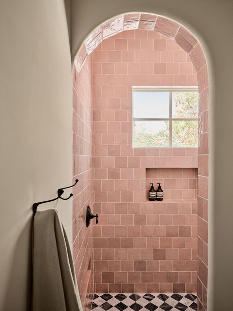 A Sophisticated Scottsdale Home from Maeve Design Collective | Rue Pink Tiles Shower, Pink Bathroom Interior Design, Pink Primary Bathroom, Pink Shower Tile Bathroom, Pink Tile Shower Bathroom, Blush Pink Tiles Bathroom, Blush Tile Bathroom, Bathroom Tiles Pink, Pink Ensuite Bathroom