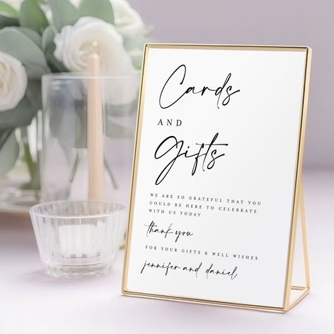 "This Cards And Gifts Sign is a digital editable template, using Templett.com. Edit right in your web browser. It features a modern typography and classic style. Such an elegant Gift Box Sign will be the perfect touch for your Wedding, Rehearsal dinner, Engagement party, Vow Renewal, Bridal Shower, Bachelorette Party or other event. You will receive an access link within minutes after purchase to your email. Make your edits (wording, font, background color etc.), download and print at home or wi Wedding Gift Table Signs, Card Table Sign, Cards Sign Wedding, Gift Table Sign, Modern Wedding Gifts, Gift Table Wedding, Cards And Gifts Sign, Gift Table Signs, Shower Cards