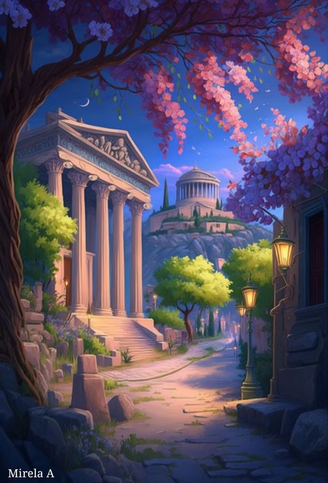 Greek Mythology Scenery, Greek Mythology Landscape, Ancient Greece Landscape, Ancient Greece Architecture, Lo-fi Wallpaper, Greek Landscape, Town Drawing, Greece Landscape, Greek Garden