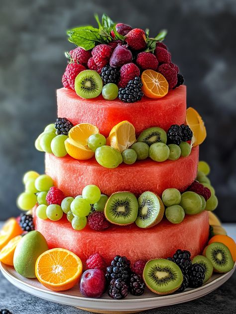 Fresh Fruit Three-Tiered Cake 🍉🍓🍇  ⬇️⬇️⬇️ 𝗜𝗻𝗴𝗿𝗲𝗱𝗶𝗲𝗻𝘁𝘀: 1 large watermelon 🍉 2 oranges, sliced 🍊 2 lemons, sliced �🍋 2 limes, sliced 🍈 3 kiwis, sliced 🥝 1 cup green grapes 🍇 1 cup red grapes 🍇 1 cup strawberries, halved 🍓 1 cup blackberries 🍇 1 cup blueberries 🫐 1 cup raspberries 🍇 1 cup cherries 🍒 1 cup melon balls (cantaloupe, honeydew) 🍈 Toothpicks or small wooden skewers Decorative platter or base Asian Fruit Platter, Watermelon Fruit Cake, Fruit Platter Ideas Party, German Chocolate Cheesecake, Melon Balls, Fruit Wedding Cake, Fruit Cake Design, Melon Cake, Wooden Skewers