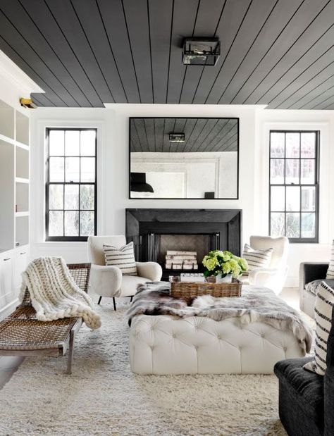 Turn an ordinary space into something extraordinary by painting a ceiling in your home in an unexpected color. Here are six ceiling paint colors that we're loving! Tamara Magel, Black And White Living Room, Coastal Living Rooms, White Living, White Living Room, Design Del Prodotto, Family Room Design, Cool Ideas, A Living Room