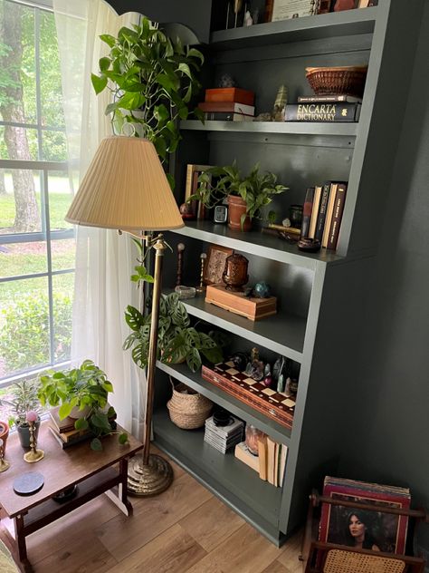 Lamp In Bookcase, Lamp On Shelf Bookshelves, Lamp On Top Of Bookcase, Thrifted Bookshelf, Refurbished Antique Bookshelf, Small Vintage Bookshelf, Shelf Lamp, Bedside Table, Dream Room