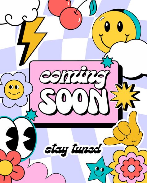 Colorful Playful Illustrative Retro Groovy Coming Soon Instagram Post Canva Template Retro Instagram Template, Coming Soon Poster Instagram, Coming Soon Instagram Post Design, Coming Soon Post Ideas, Coming Soon Design Instagram Feeds, Coming Soon Illustration, Coming Soon Poster, Canva Retro, Coming Soon Instagram