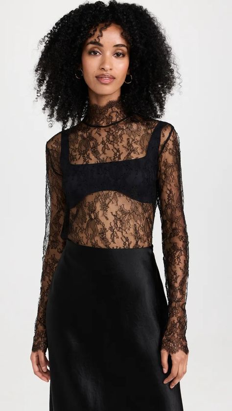 5 Elegant Items I'm Prioritizing Over 5 Too-Trendy Ones | Who What Wear Tom Ford Dress, Lace Turtleneck, Kiki De Montparnasse, Black Lace Blouse, Blouse Price, Black Lace Tops, Dakota Johnson, Turtle Neck Top, Sheer Dress