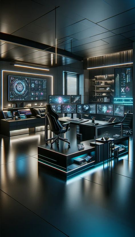 Futuristic Desk Setup, Minimalist Office Decor, Dark Modern House, Digital Whiteboard, Dream Home Office, Productive Home Office, Industrial Style Office, Inspiring Office, Tech Office