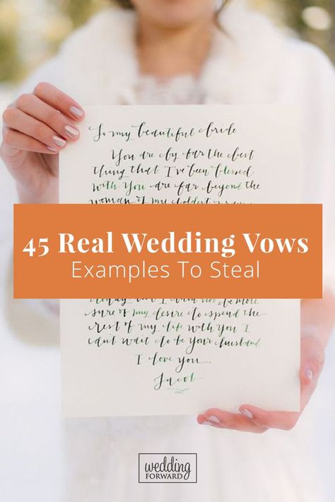 45 Real Wedding Vows Examples To Steal ♥ Wedding vows? This can be tough. We have some vows ideas that may help. Let some of these real wedding vow examples give you some inspiration! #wedding #bride #weddingforward #WeddingVows Wedding Vow Examples, Sample Wedding Vows, Vows Examples, Vows To Husband, Real Wedding Vows, Unique Wedding Vows, Writing Wedding Vows, Vows Ideas, First Wedding Night