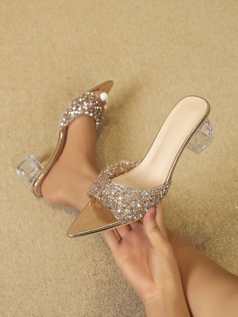 Champagne  Collar     Embellished  All Women Shoes Fancy Sandals, Black Romper Shorts, Casual Pumps, High Heeled Sandals, Plus Size Mini Dresses, Heeled Mules Sandals, Studded Heels, Color Champagne, White Heels