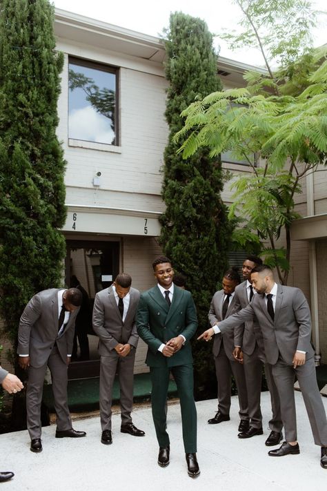 Classic Meets Cool in This Industrial Dallas Wedding at Howell and Dragon | Junebug Weddings Green Wedding Suit, Wedding Groomsmen Attire, Men In Suits, Mens Wedding Attire, Groom Wedding Attire, Green Themed Wedding, Emerald Green Weddings, Wedding Suits Groom, Groomsmen Suits