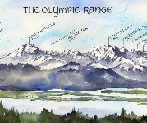 The Olympic Range Watercolor Illustration Olympic Peninsula | Etsy Tubal Cain, Mt Olympus, Washington Mountains, Olympic Mountains, Mountain Art Print, National Parks Map, Olympic Peninsula, Mountain Art, Mountain Wall Art