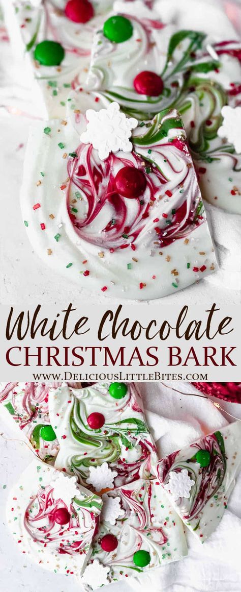 White Chocolate Christmas Bark is an easy recipe for a fun holiday treat. This recipe is made with white chocolate, red and green candy melts, candy, and festive sprinkles. It’s a great recipe to make with kids or give as gifts. | #christmas #christmascandy #candybark #whitechocolatebark #christmasbark Chocolate Christmas Bark, White Chocolate Christmas, Candy Bark Recipes, Christmas Bark Recipes, Christmas Bakes, Bark Recipes, Christmas Candy Easy, Christmas Bark, Fun Holiday Treats