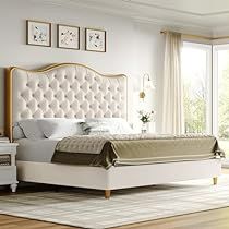 Gold Bed Frame Bedroom Ideas, Headboard Modern, Modern Upholstered Beds, Velvet Upholstered Bed, Queen Size Platform Bed, Tall Headboard, Curved Headboard, King Size Bed Frame, Queen Size Bed Frames