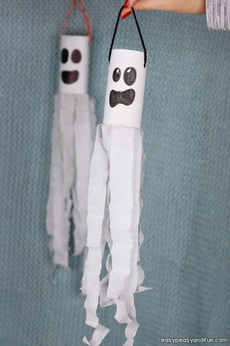 Ghost Windsock, Toilet Ghost, Toilet Paper Tubes, Toilet Paper Roll Craft, Halloween Party Decor Diy, Roll Craft, Halloween Crafts Preschool, Toddler Painting, Ghost Diy