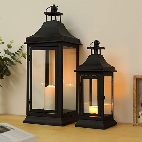 Amazon.com: JHY DESIGN Set of 2 13''&19.5''Tall Outdoor Candle Lanterns Vintage Hanging Tower Lantern Metal Candle Holder for Garden Living Room Indoor Outdoor Parties Weddings Balcony(Black): Kitchen & Dining Outdoor Candle Lanterns, Metallic Decor, Outdoor Candle, Metal Candle Lanterns, Hanging Candle Lanterns, Lantern Decor, Electronic Candles, Lantern Candle, Large Lanterns