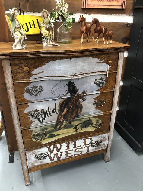 Western Dressers, Western Dresser Furniture Diy, Western Painted Dresser Ideas, Western Furniture Ranch Style, Painted Lowboy Dresser, Rub On Transfers For Furniture Western, Western Painted Dressers, Diy Furniture Restoration, Furniture Painting Tips