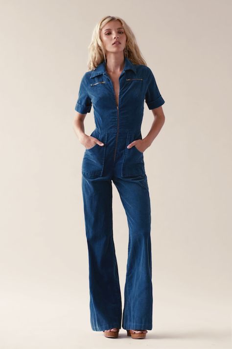 70s Charlie’s Angels, Jeans Into Jumpsuit, 70s Fashion 2023, 70s Fashion Jumpsuits, 70s Fashion Denim, 70s Jean Jumpsuit, Jean Jumpsuit Outfit Summer, Aesthetic Jumpsuits, 70s Outfits For Women