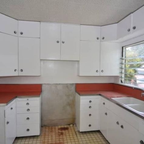 Before & After: A 1950s Kitchen Gets Modernized | Apartment Therapy Updated 1950s Kitchen, 1960 Kitchen Remodel, 1950s Metal Kitchen Cabinets, 1950s Moodboard, 1950s Kitchen Cabinets, 50’s Kitchen, Salvaged Kitchen, 1950s Home Remodel, 1970 Kitchen