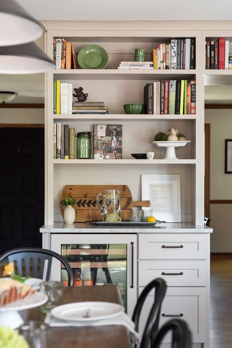 Open Shelf Cookbooks, Bookcases In Kitchen Ideas, Kitchen Bookcase Styling, Cookbooks Above Cabinets, Kitchen Cabinet Nook, Bookshelf In Kitchen Ideas, How To Display Cookbooks In Kitchen Open Shelves, Bookshelf On Kitchen Counter, Kitchen Bookcase Ideas