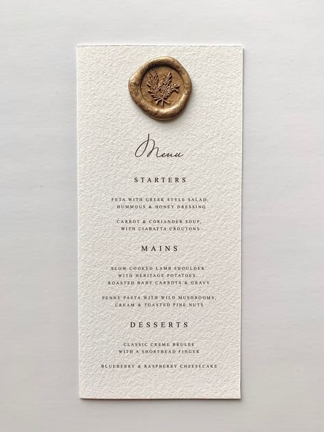 These wedding menus are printed onto 100% cotton paper and finished with a wax seal ORDERING: - Select the quantity you need from the drop down menu - Select the wax seal colour you would like from the drop down menu - Add to your basket and checkout Once you have placed your order please message me with your menu.  I will send you a digital proof of the menu for you to check before printing. Once you have ordered please allow 1-2 weeks for dispatch. If you require your menus' sooner, please giv Simple Wedding Menu, Simple Classic Wedding, Wax Seal Wedding, Wedding Menus Design, Wedding Food Menu, Elegant Wedding Menu, Menu Wedding, Wedding Menu Template, Wedding Place Settings