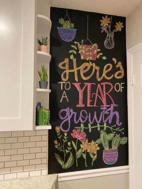 By Nicole Chalkboard art. Chalk art. School Chalkboard Art Ideas, Classroom Chalkboard, Chalk Wall Classroom, Boho Chalkboard Art, Fun Chalkboard Art, Cactus Chalkboard Art, Inspirational Chalkboard Art, Chalkboard Art For Classroom, Chalkboard School Art