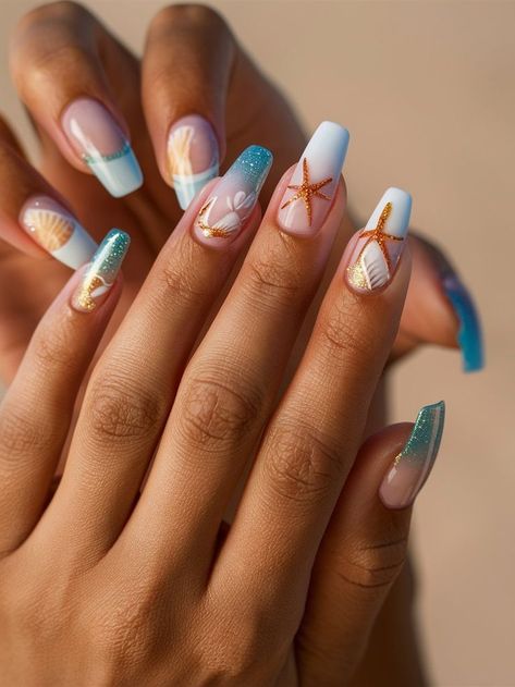 Beach Nail Designs Coffin, Beach Design Nails, Seaside Nails, Nails For Vacation, Coastal Nails, Vacation Nails Beach, Cruise Nails, Beach Nail Designs, Beachy Nails