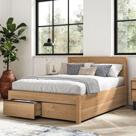 Double Beds With Storage, Minimalist Headboard Ideas, Double Bed With Drawers, Statement Headboard, Wooden Bed With Storage, King Size Storage Bed, Hardwood Bed, Double Bed With Storage, Oak Bed Frame