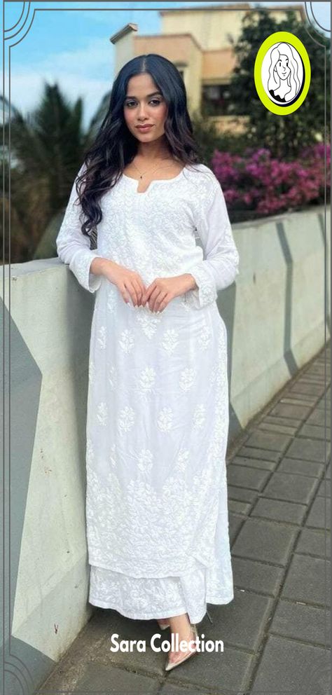 Elegant Kurti Sleeves and Neck Designs for 2024 White Kurta With Plazo, White Kurti Chikankari, White Colour Kurti Designs Latest, White Kurtis For Women, Red Chickenkari Kurti, Simple White Kurti Designs, White Kurta Designs Women Cotton, Chikan Suits Designs, Plazo Kurta Designs