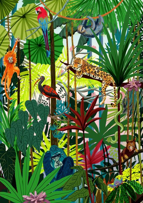 Tropical Rainforest Illustration, Rainforest Mural, Tropical Animals Art, African Jungle Art, Rainforest Illustration Art, Rain Forest Illustration, Tropical Rainforest Animals, Rainforest Painting Easy, Jungle Art Painting