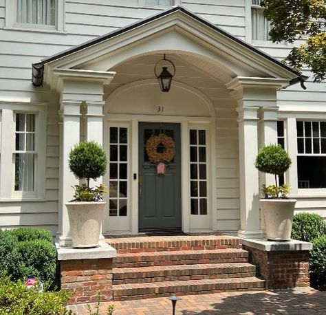 Portico Entry French Country, Colonial Portico Entrance, Adding A Portico Front Entry, Portico Makeover, Farmhouse Portico, Front Stairs Entrance, Front Portico Ideas, Portico Entry Colonial, Colonial Front Porch Ideas