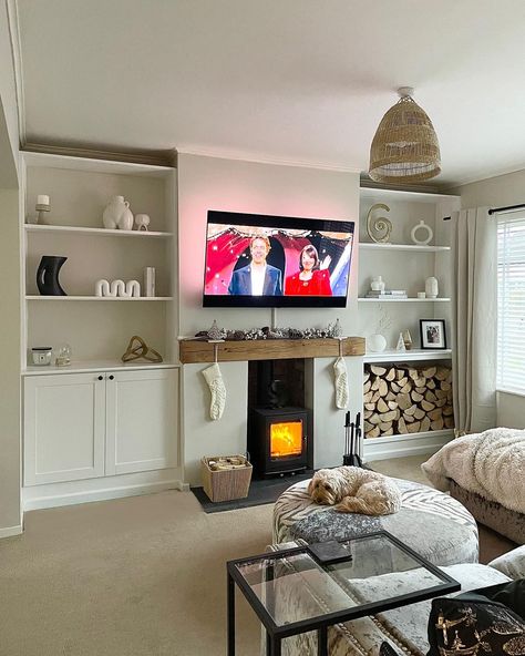 Log burner, fireplace transformation, media wall Cosy Living Room Log Burner, Log Burner Media Wall Ideas, Media Wall With Log Store, Entertainment Wall With Log Burner, Country Living Room Media Wall, Lounge With Log Burner And Tv, Media Wall Ideas With Log Burner, Small Living Room With Log Burner, Media Wall With Log Storage